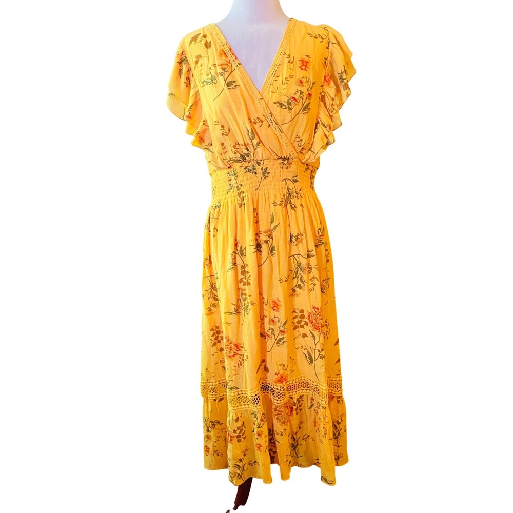 J GEE Yellow Floral Smocked Waist Midi Dress Plus Size 3X Flutter Sleeve Crochet